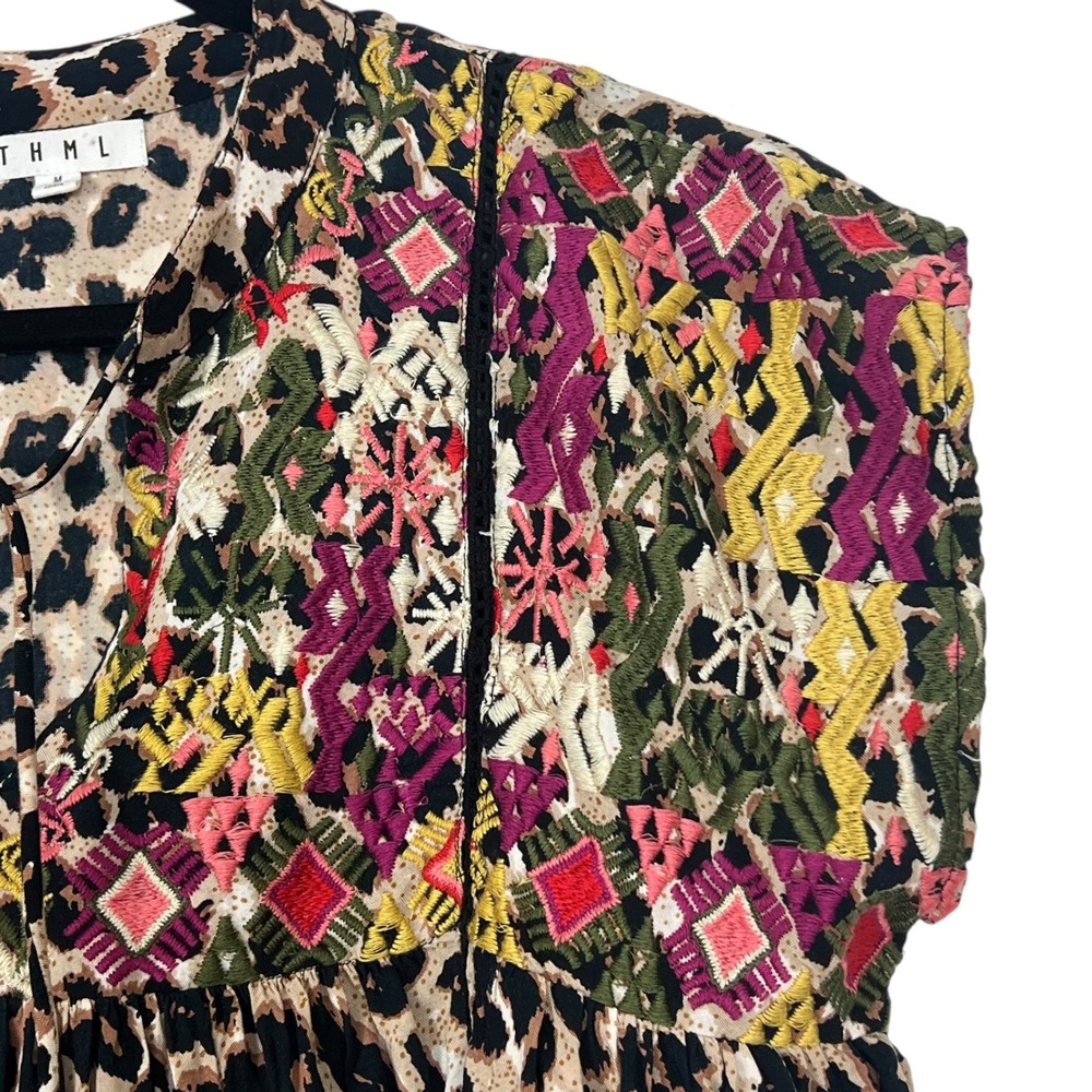 THML Women's Leopard Print Embroidered Tassel Top Size Medium - Picture 6 of 16